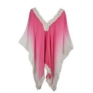 Soft Surroundings Linen Cover Up Top Pink Ombre Dye Kaftan Crochet Trim Tunic OS